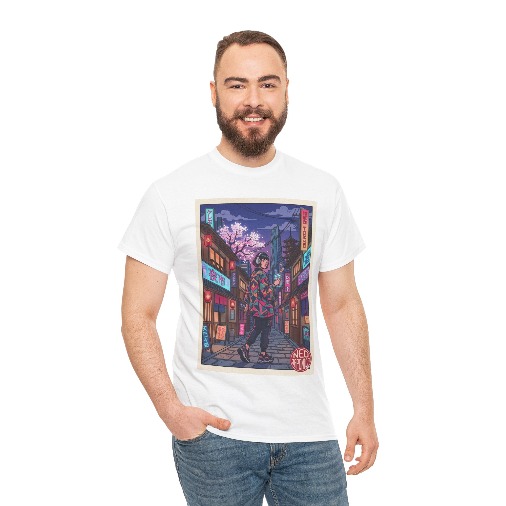 Anime Cyberpunk Streetwear Tee — Neon Night Sakura Print - Japanese Streetwear T-Shirt | Tokyo Style X