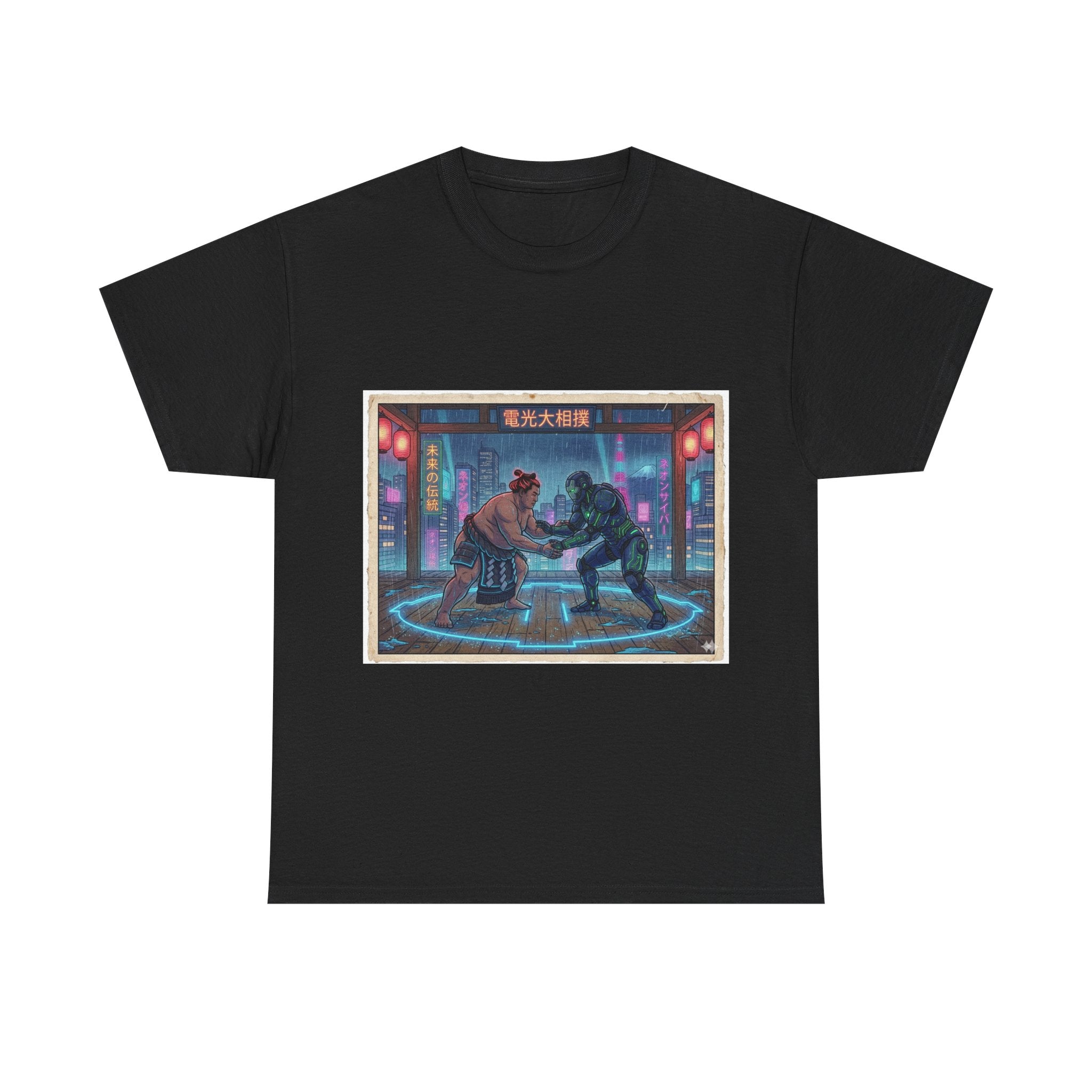 Cyberpunk Street Duel T-Shirt — Neon Samurai vs Robot Retro Arcade Tee