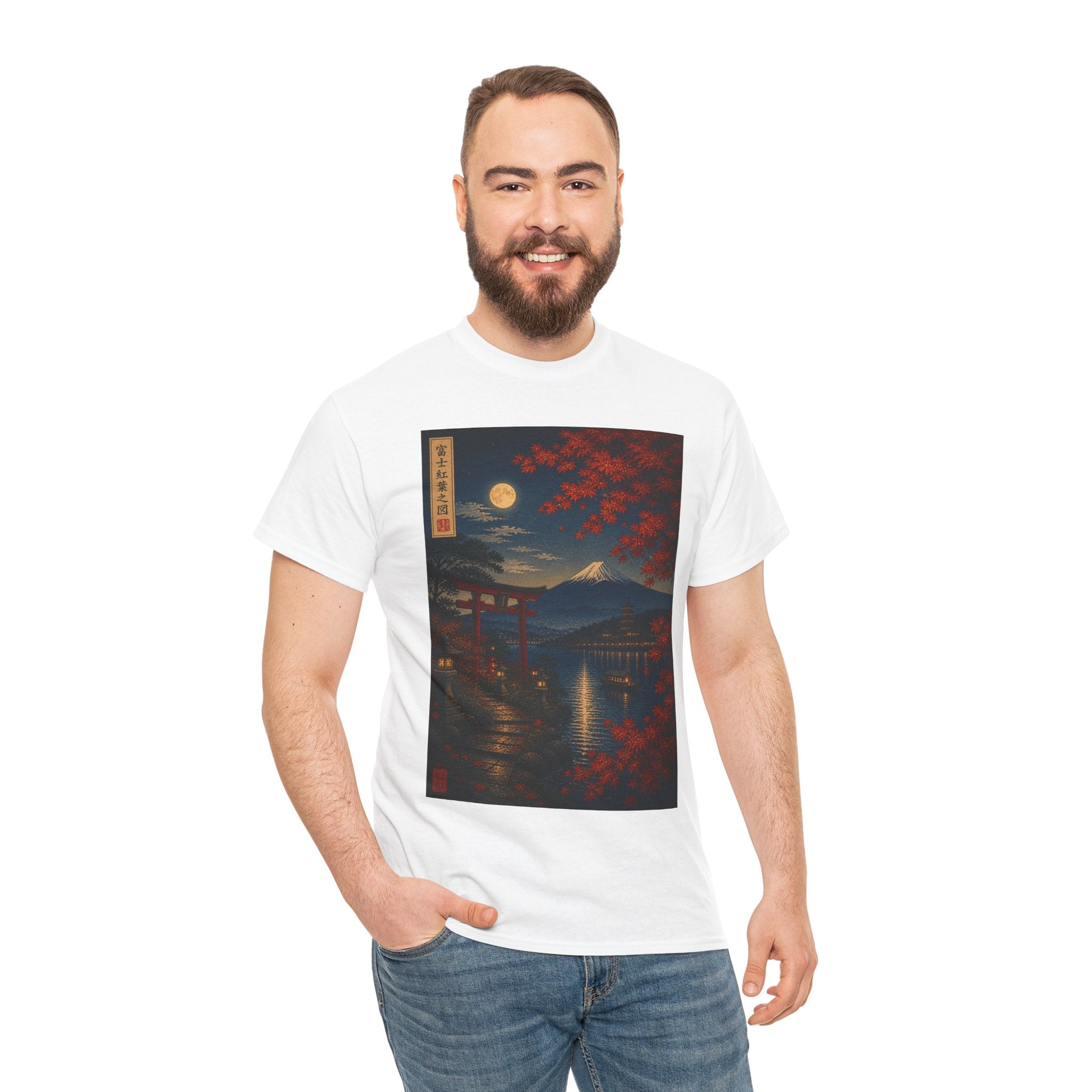 Japanese Nightscape Tee — Moonlit Torii & Autumn Maple Graphic T-Shirt