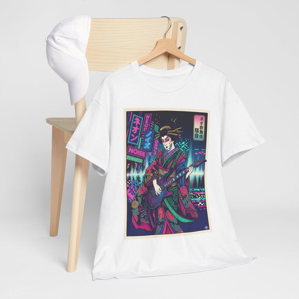 Geisha Guitar Tee — Neon Cyberpunk Japanese Rock T-Shirt