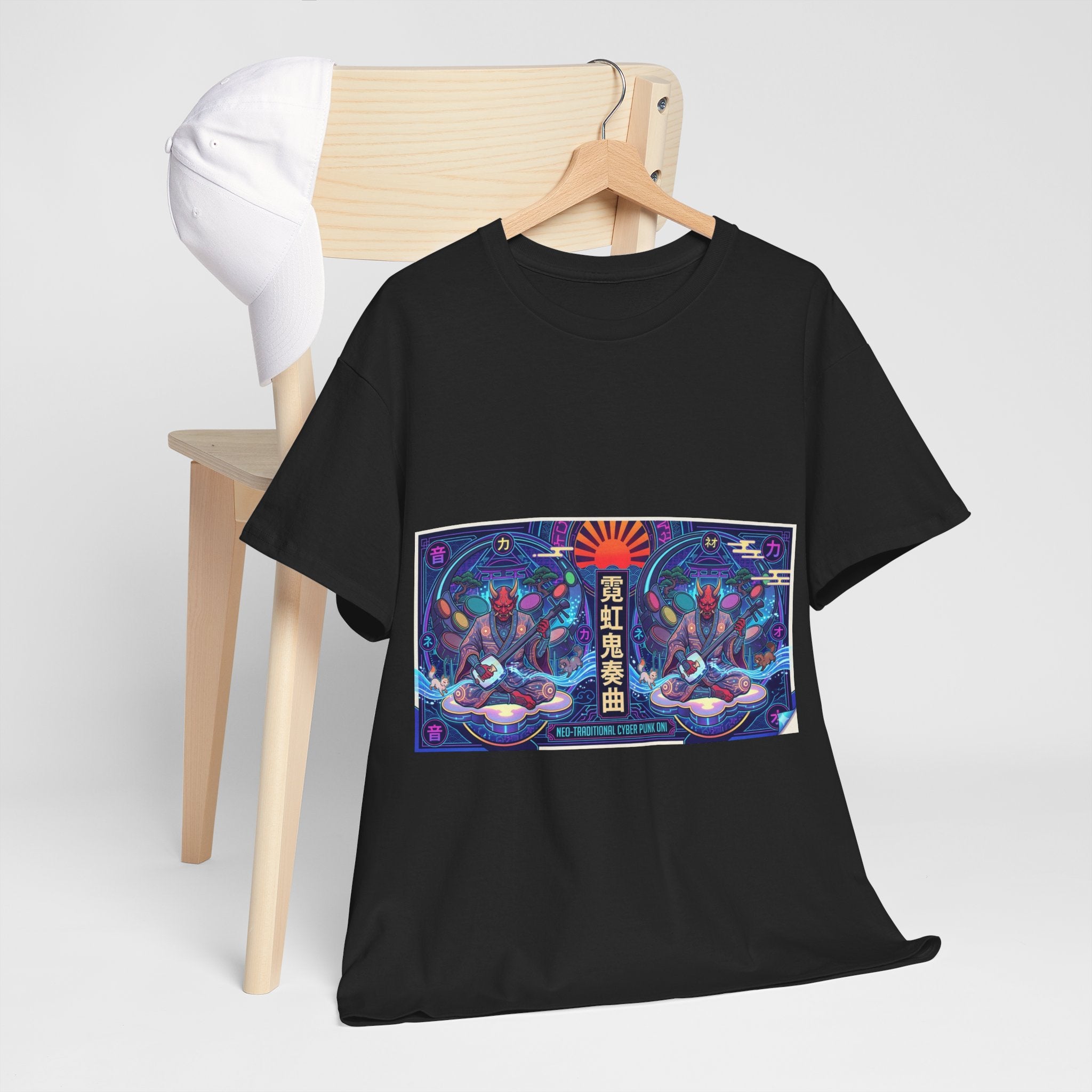 Graphic Tee — Neon Lotus Meditation Design (Japanese Text)