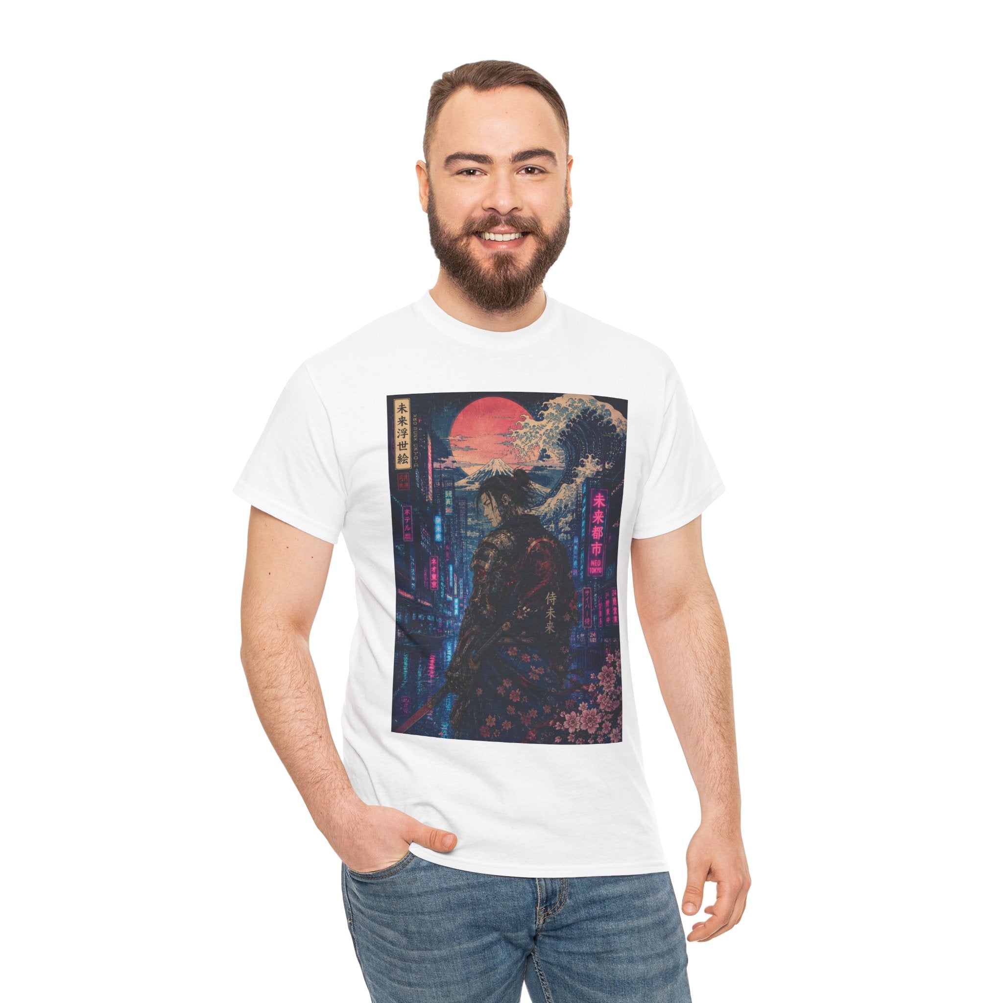 Samurai Neon City T‑Shirt — Cyberpunk Moonlit Japanese Street Graphic Tee