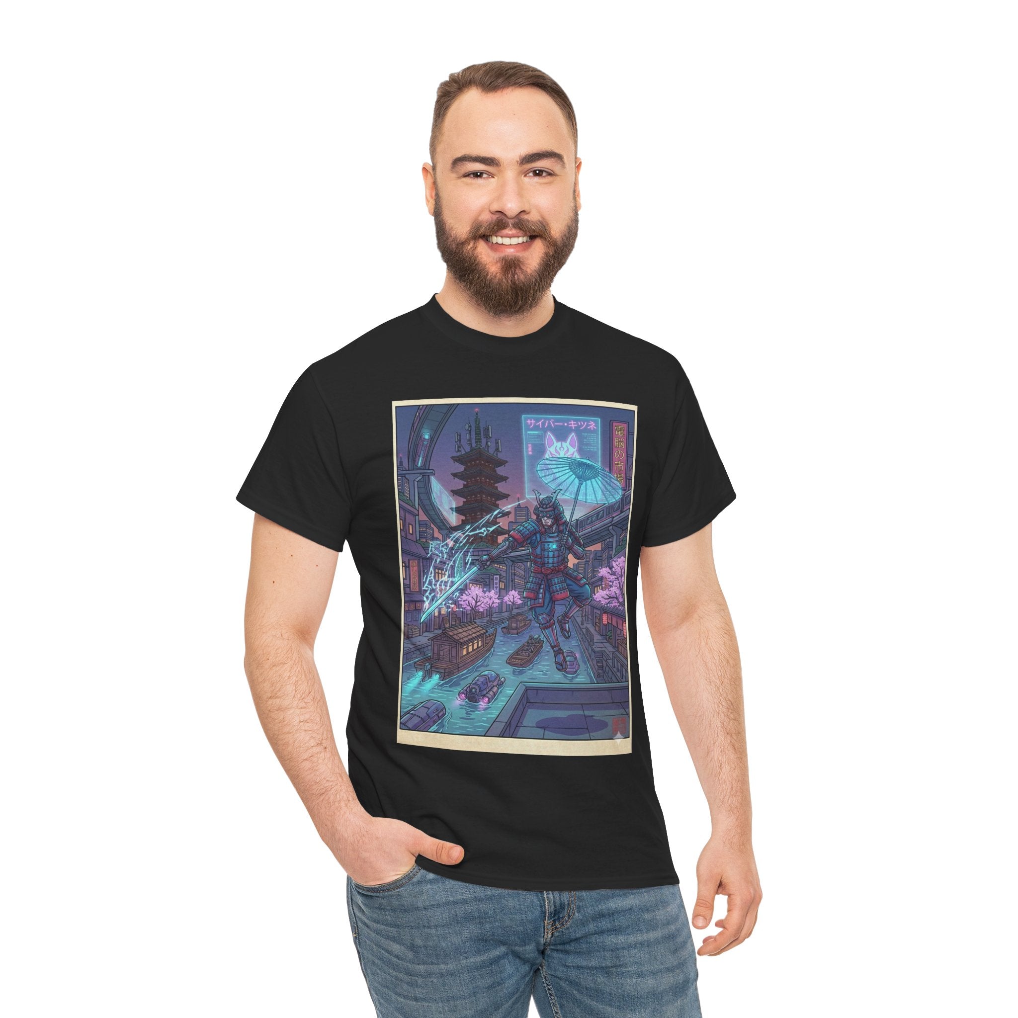 Cyberpunk Samurai Tee — Neon Night City Graphic T-Shirt - Japanese Streetwear T-Shirt | Tokyo Style X