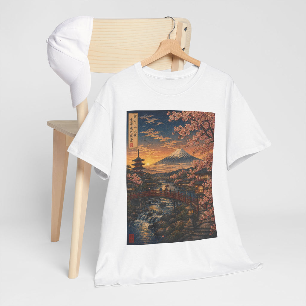 Japanese Cherry Blossom Landscape Tee — Mount Fuji Sunset Graphic T-Shirt