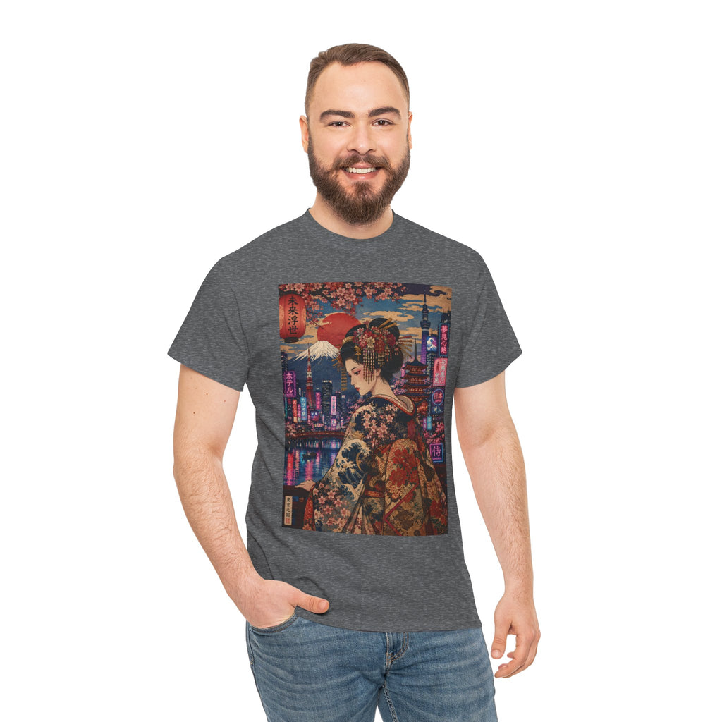 Geisha Cityscape Tee — Vintage Kimono Nighttime Japan Graphic T‑Shirt