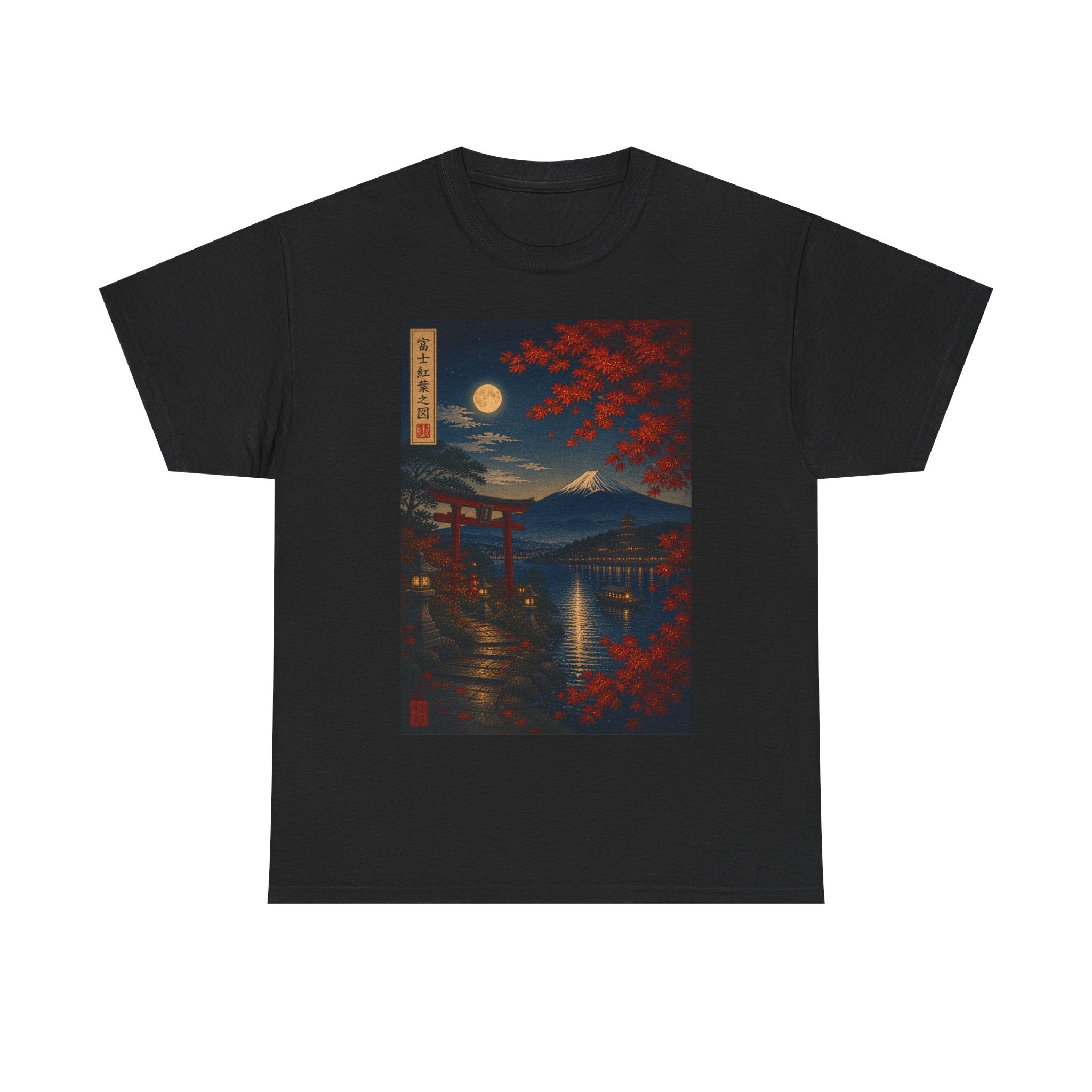 Japanese Nightscape Tee — Moonlit Torii & Autumn Maple Graphic T-Shirt