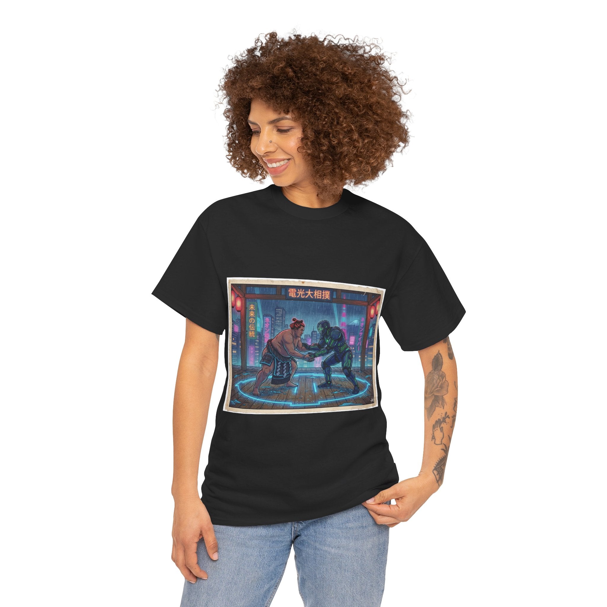Cyberpunk Street Duel T-Shirt — Neon Samurai vs Robot Retro Arcade Tee