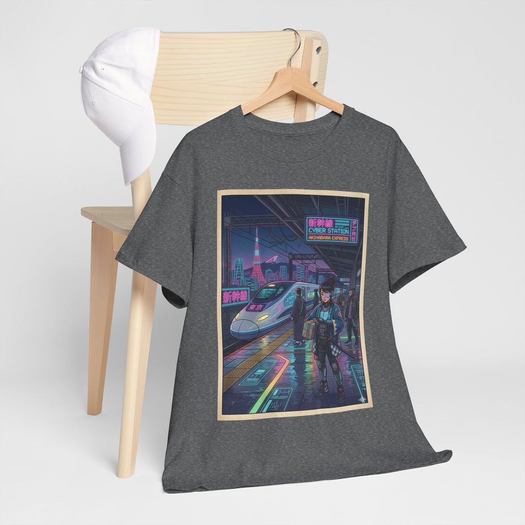 Cyberpunk Cityscape T-Shirt — Neon Train & Futuristic Rider Graphic Tee