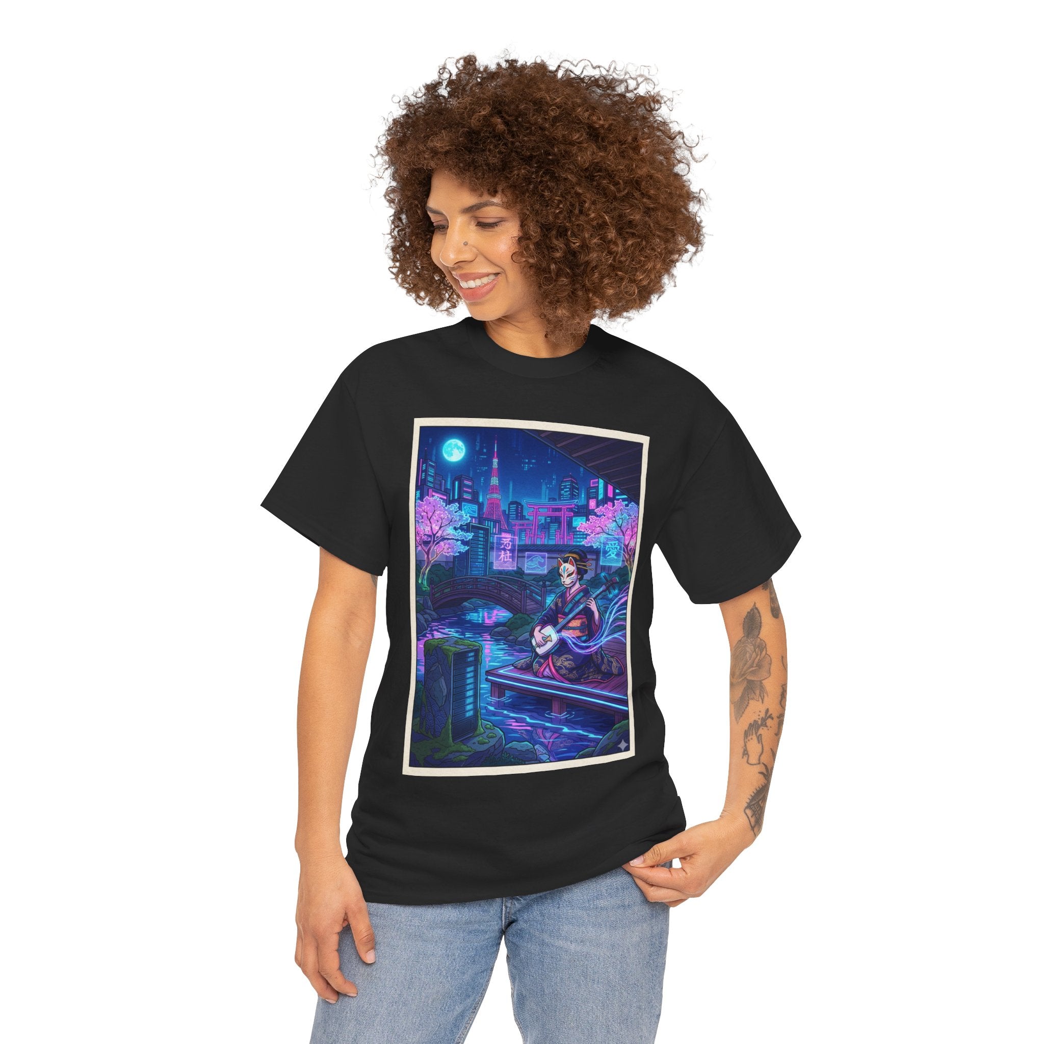 Anime Cyberpunk Guitarist T‑Shirt — Neon City Nightscape Tee