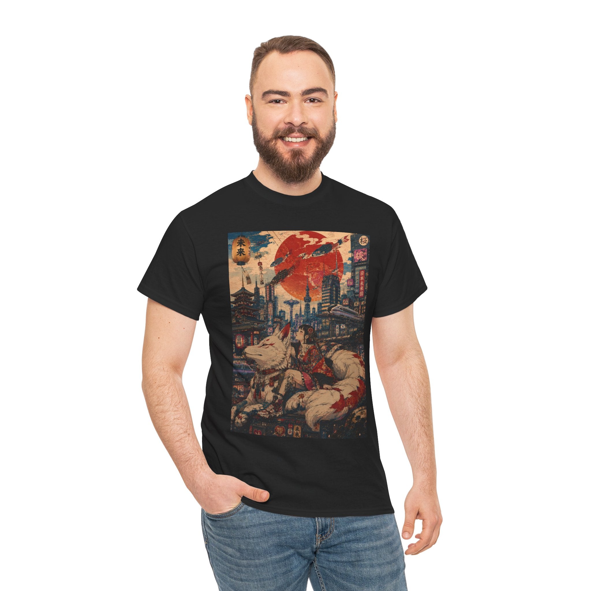 Graphic Tee — Cyberpunk Samurai Cityscape with Sleeping Fox - Japanese Streetwear T-Shirt | Tokyo Style X