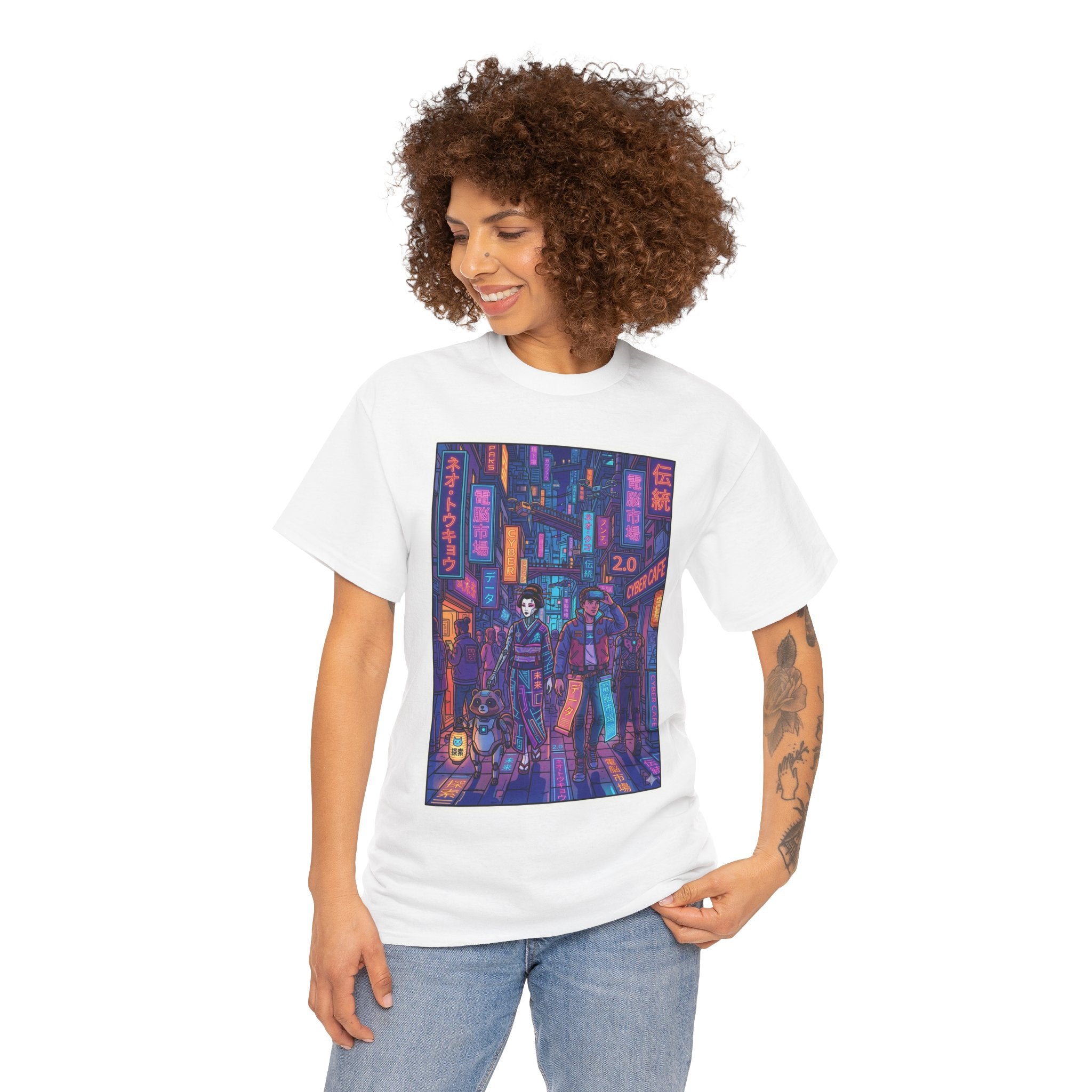 Cyberpunk Street Scene Tee — Neon Tokyo Night Graphic T-Shirt