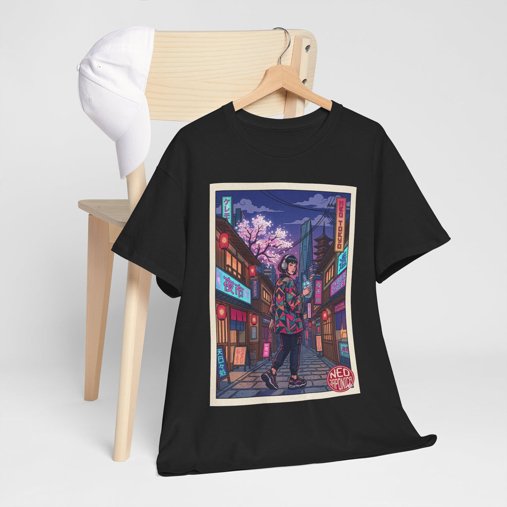Anime Cyberpunk Streetwear Tee — Neon Night Sakura Print - Japanese Streetwear T-Shirt | Tokyo Style X